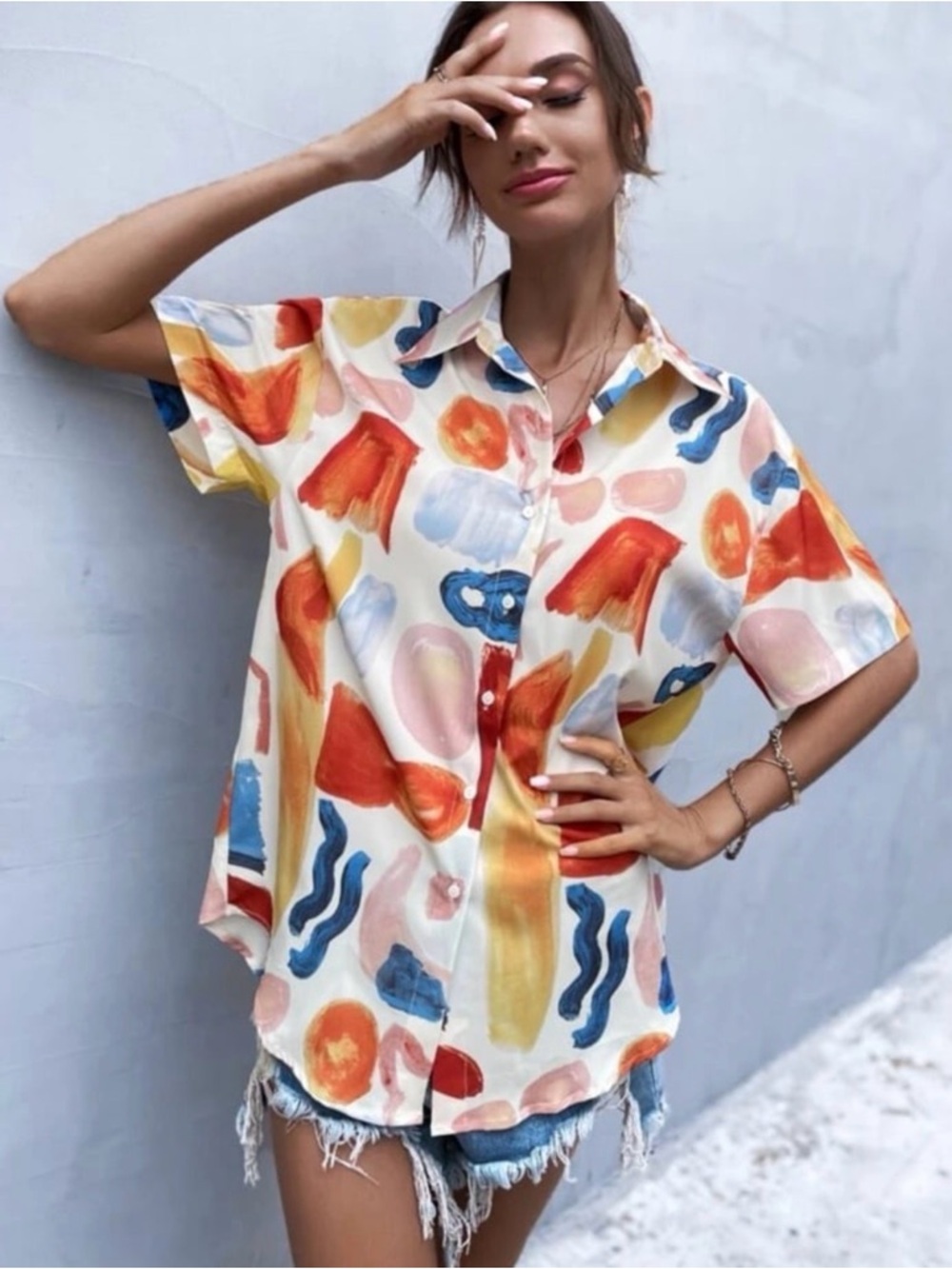 SHEIN White Multicolor Abstract Brushstroke Button-Up Blouse